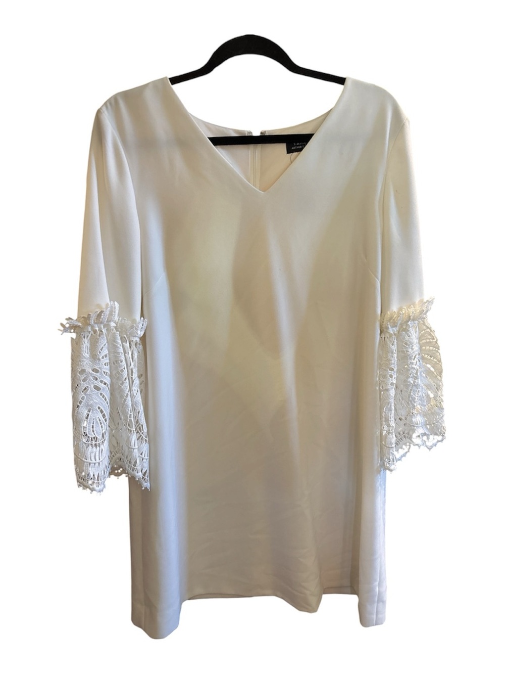 Tahari White V-Neck Tunic with Crochet Lace Bell Sleeves
